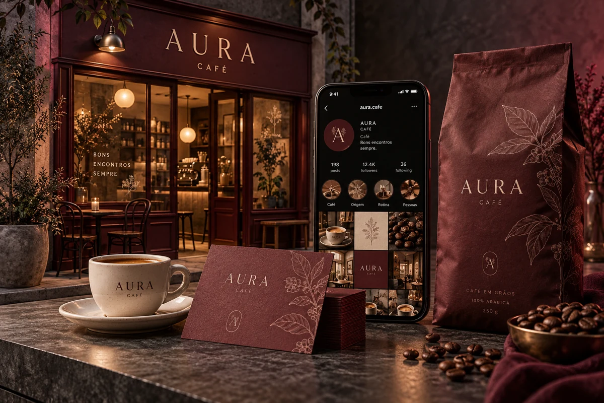 Marca conceitual Aura Café aplicada à fachada, perfil de Instagram, cartões, xícara e embalagem